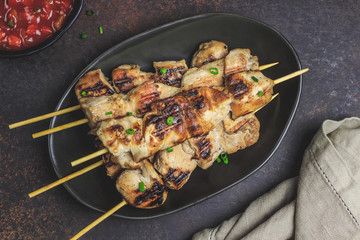 Grilled chicken skewers with green onion and salsa sauce in a plate on a dark background. Top view.