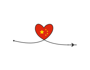 Plane and its track in the shape of a heart and China flag on white background. Vector illustration. Aircraft flight path and its route