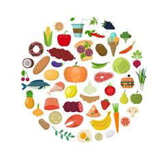Food circle concept. Healthy food illustraion made in flat style.