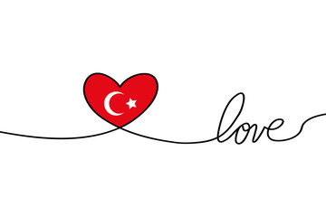 Love with hearts in continuous drawing lines in a flat style in continuous drawing lines and Turkish flag. Continuous black line. The work of flat design. Symbol of love and tenderness