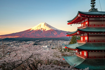 Red pagoda and red Fuji in morning time - obrazy, fototapety, plakaty