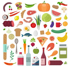 Healthy food vector illustration. Vegetables, fruits, meat in flat style. Organic food set.