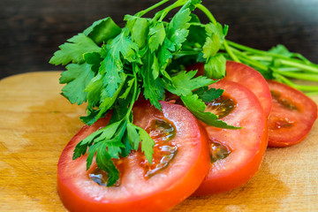 Sliced ​​Tomatoes and Parsley for Salad, Vegetarian Food
