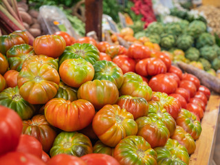 several types of tomatoes and vegetables on the shelf of a fruit store