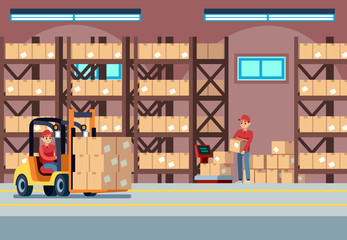 Warehouse interior. People loaders working in industry stockroom, transportation and forklift, delivery truck vector logistic concept