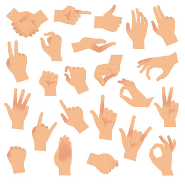 Gesturing hands. Hand with counting gestures, forefinger sign. Open arm showing signal, interactive communication vector set