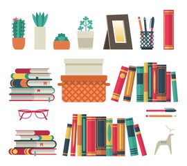 Bookshelves set. Flat shelf book in room library, reading book office shelf wall interior study school isolated collection © YummyBuum