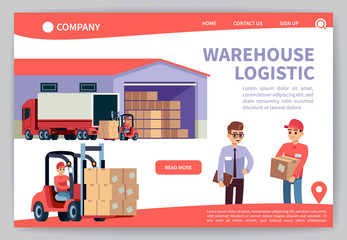 Warehouse landing. Warehousing logistics service, truck transportation marketing. Worldwide delivery technology web page vector design