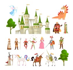 Fairytale characters. Fantasy medieval magic dragon, unicorn, princes and king, royal castle and knight vector set