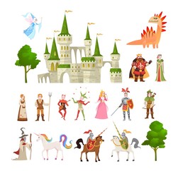 Fairytale characters. Fantasy medieval magic dragon, unicorn, princes and king, royal castle and knight vector set