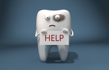 3d illustration. Sick tooth holding a sign saying "help". Funny 3d characters