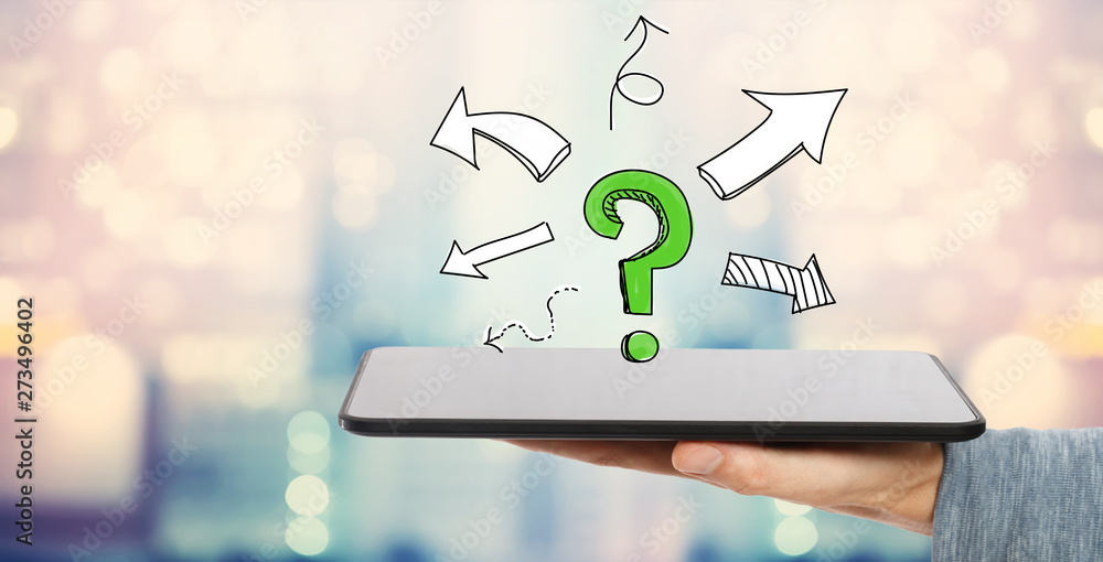 Poster question mark with arrows with man holding a tablet computer