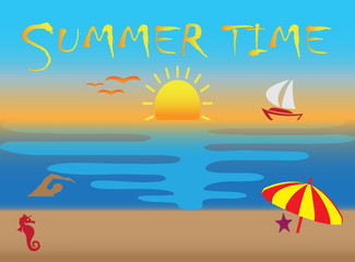 Fototapeta na wymiar Summer time icons, sunset and flying seagulls in the beach for logo design illustration