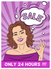 Young beautiful woman showing ok sign. Smile. Speech bubble. Vector illustration in pop art style.