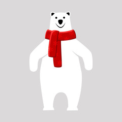 Polar bear in a red scarf. Flat style. New Year. Christmas. Vector.