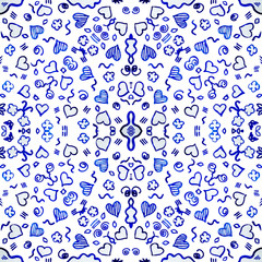 seamless watercolor pattern in blue of hearts and floral elements. Hand drawing
