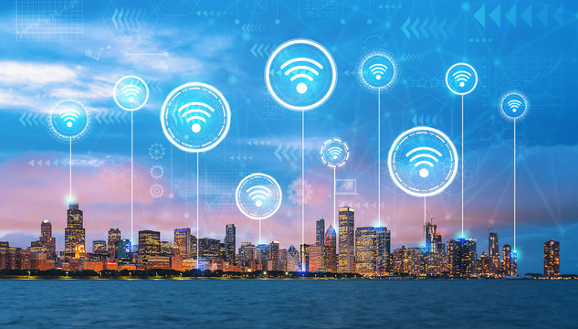 Wifi theme with downtown Chicago cityscape skyline with Lake Michigan