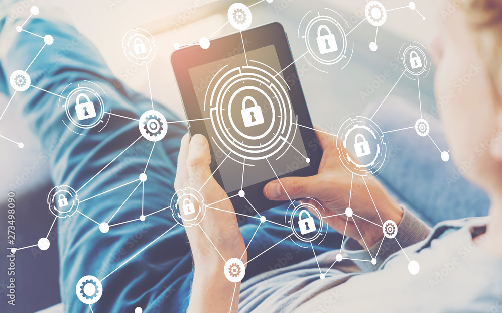 Poster cyber security theme with man using a tablet in a chair