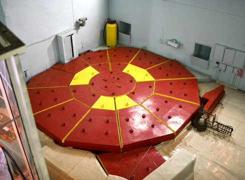 Real first nuclear power plant atomic reactor. Massive reactor lid reactor fuel 