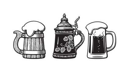 Vintage beer mugs. Old wooden mug, German stein and glass with foam. Brewery, beer festival, bar, pub design. Hand drawn vector illustration on white backgraund.