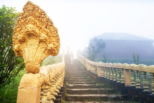 Ancient golden Naga stairs in the mist.