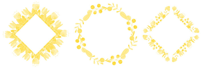 set of hand-drawn watercolor frames of stylized flowers