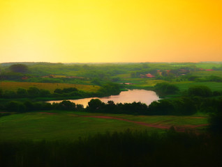 Fototapeta premium Sunset at river valley drawing background hd