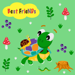 poster best friends with a colorful turtle and a snail - vector illustration, eps