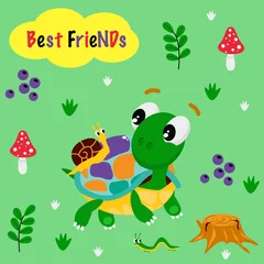 Fotobehang poster best friends with a colorful turtle and a snail - vector illustration, eps © Hanna
