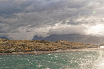 Argentina, Patagonia – view from the ocean to the mountain peaks.