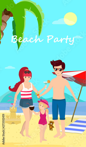 Happy Family At Beach Party Day Time Banner Flyer Stock Image