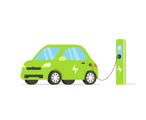 Electric car flat illustration. Electric car on charging station. Vector illustration isolated on white background.