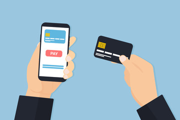 hands man with phone and card Pay