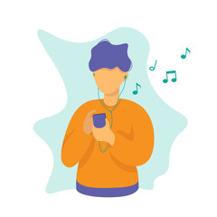 Guy wearing earphones, headphones, listening to music. Flat vector illustration.
