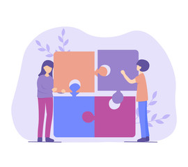 People connecting puzzle elements. Symbol of teamwork, cooperation, partnership. Solutions and problem solving. Flat concept vector illustration for web page, website and mobile.