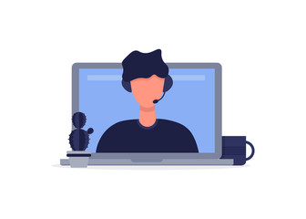 Online consultant. Operator wearing a headset. Modern technologies. Artificial intelligence, chat bot. Young male character on a laptop screen. Flat editable vector illustration.
