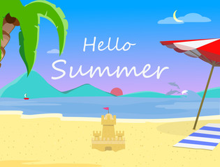 Fototapeta na wymiar Beach Background and Hello Summer Typography Flyer