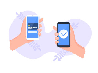 People sending and receiving money wireless with their mobile phones. Hands holding smart phones with banking payment apps. Flat style vector illustration. 