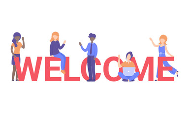 Concept new team member, welcome word, people celebrate, for web page, banner, presentation, social media, posters. Flat vector illustration.