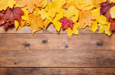 Naklejka na ściany i meble Autumn background. Colorful autumn leaves on wooden background. Top view