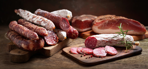 Various kind types of salami, speck and sausages