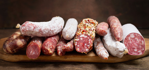 Various kind types of salami and sausages