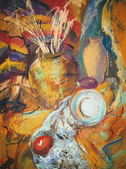 Still life painting drawing of stylized bottles and other objects
