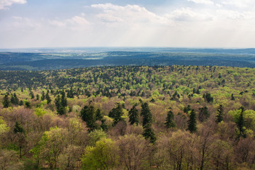 Fototapeta na wymiar Panorama Gór Świętokrzyskich rozpościerająca się z wieży widokowej bazyliki Świętego Krzyża