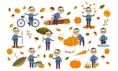 Set boy with glasses in an autumn jacket plays with leaves, launches a paper boat, rides a bicycle, carries pumpkins and has fun in the fall. Cute Vector Illustration