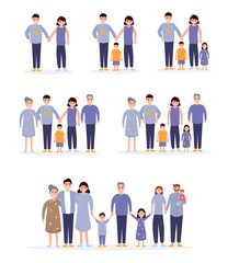 Happy family start from couple, married, have children. father, mother, son and daughter, grandfather, grandmother. Flat Vector Illustration 