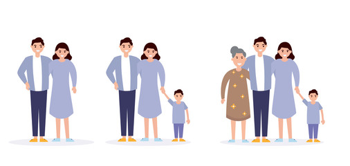 Family flat icons set. Illustration with parents and children isolated on white background. Wife, husband, mother, father, son, daughter, grandfather, grandmother, sister, brother