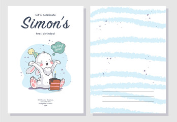 Vector baby shower design template. Cute hand drawn little baby boy bunny character. Flat lay. Pastel colors. For happy birthday and anniversary party invitations, greeting cards, tags etc.