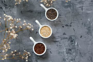 Chia seeds, flax seeds, quinoa groats. Healthy food, diet, detox.