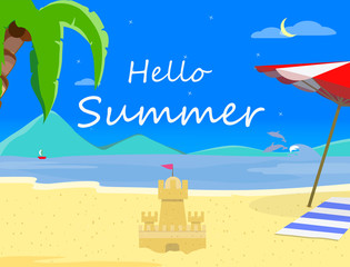 Fototapeta na wymiar Night Beach Background and Hello Summer Typography